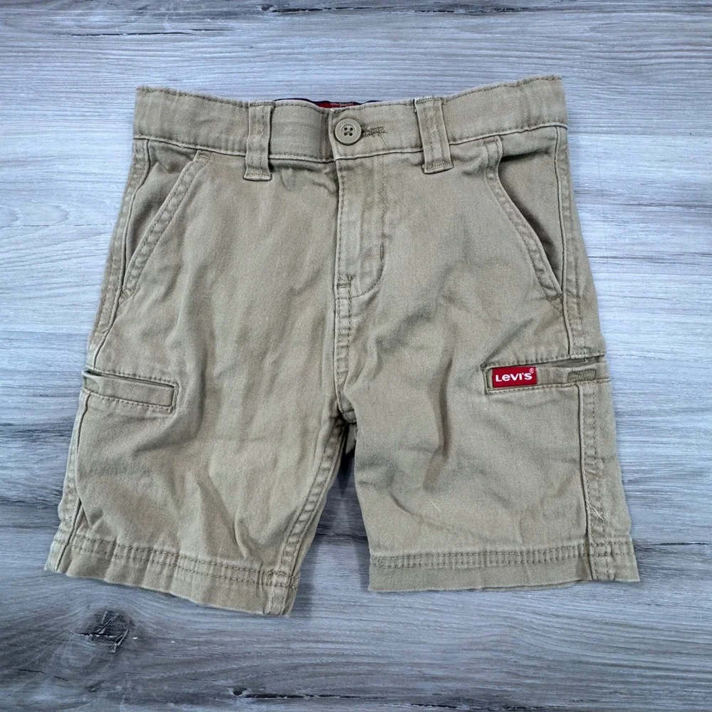 Levis Boys Khaki Cargo Shorts Size 4/5 Tan Cotton Stretch Adjustable‎ Waist